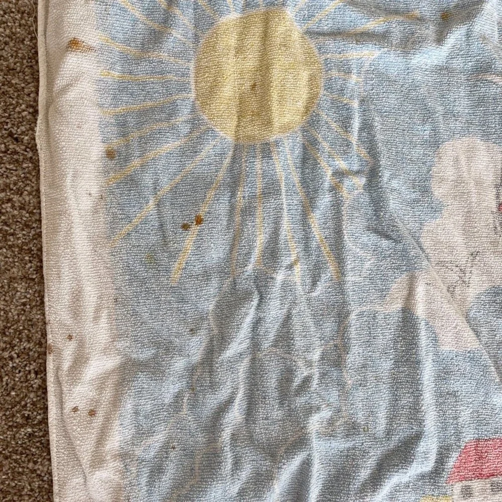 Vintage Beach Scene Towel Terry Cloth Lighthouse Seagulls Sailboat 46x25 Stains